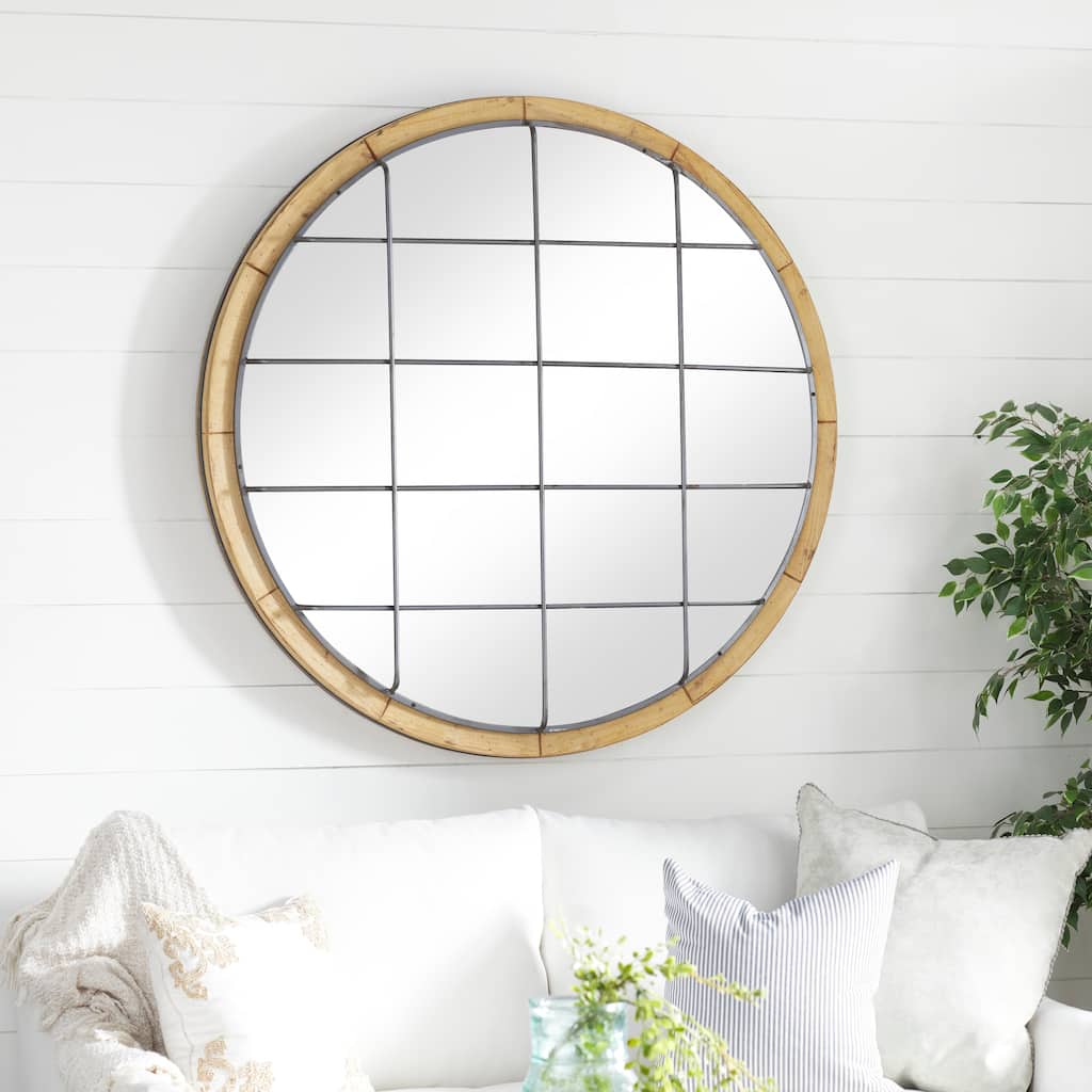 Brown Wood Wall Mirror with Grid