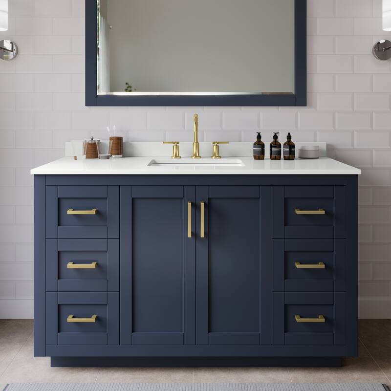 Wyndham Collection WCF292954S-QTZ-US3MXX Miranda 54" Free Standing - Dark Blue / White Quartz Top / Brushed Gold