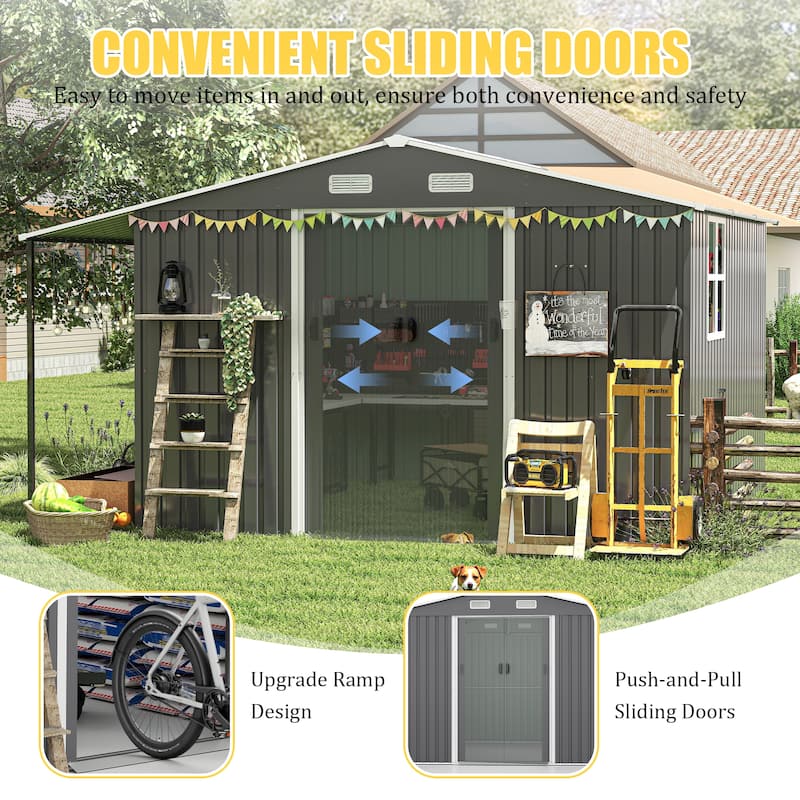 10x12 Ft Outdoor Storage Shed, Extra Large Metal Shed with Lockable Doors, Windows, Outside Steel Tiny House Ideal