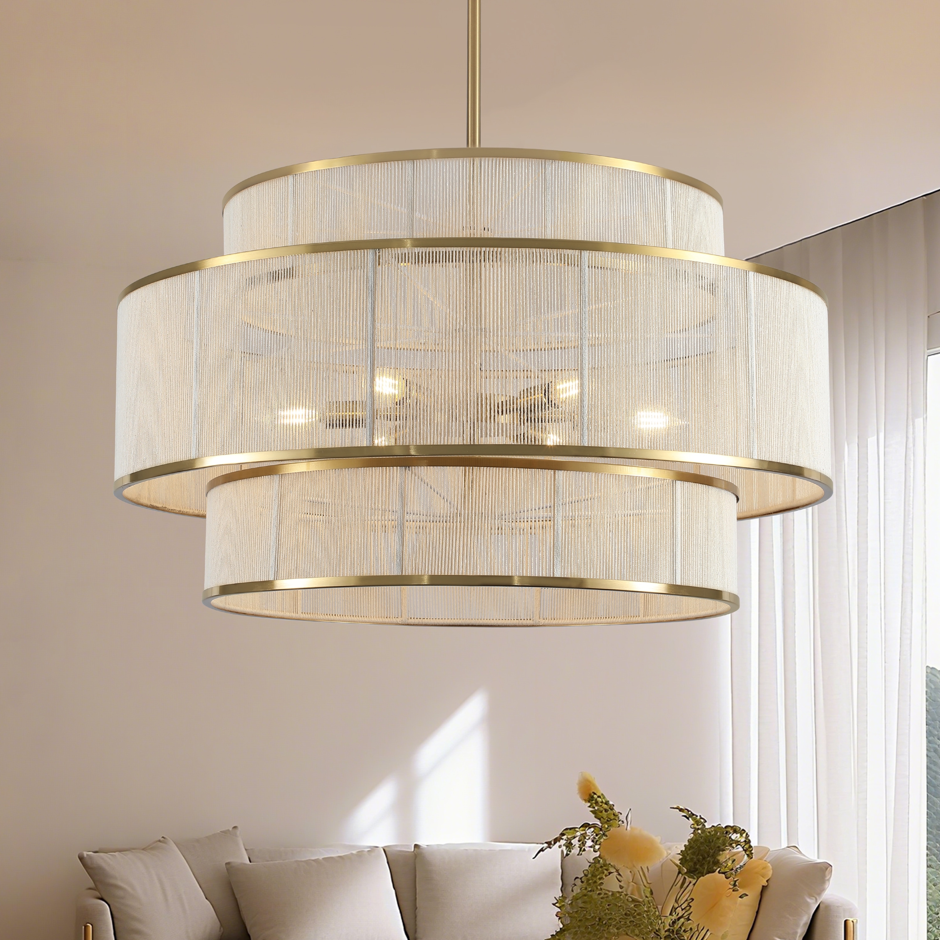 6-Light Dimmable Tiered Drum Chandelier - Brushed Gold