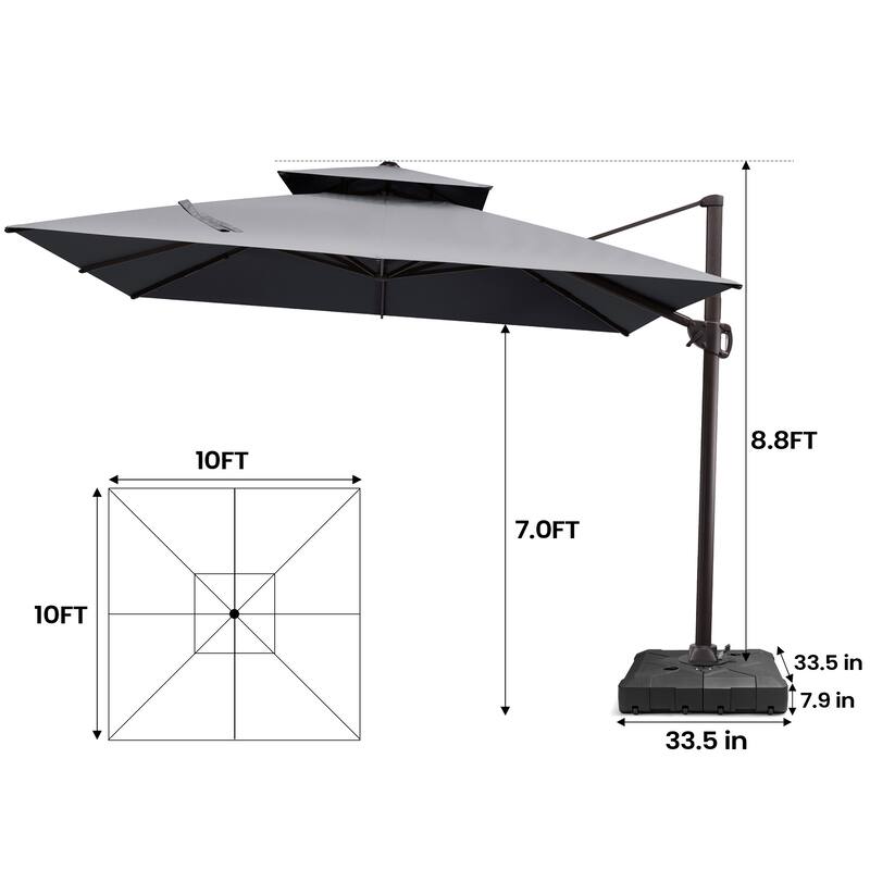Pellebant 10 ft Square Patio Cantilever-Offset Umbrella 360 Degree Rotation with Wheel Base