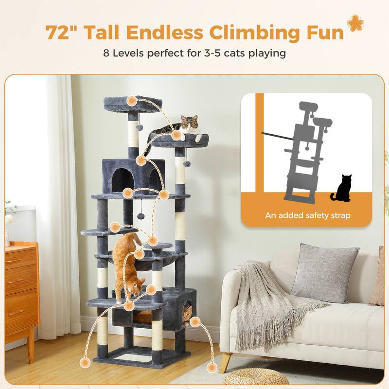Large Cat Tower Cat Condo with Scratching Posts and Pads, 2 Padded Perch, Dual Condo and Basket