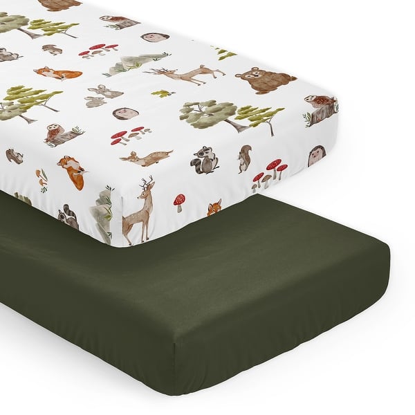 slide 2 of 6, Sweet Jojo Designs Woodland Forest Animals Boy Girl Gender Neutral 2 Pack Fitted Crib Sheets Solid Dark Green and Animal Friends