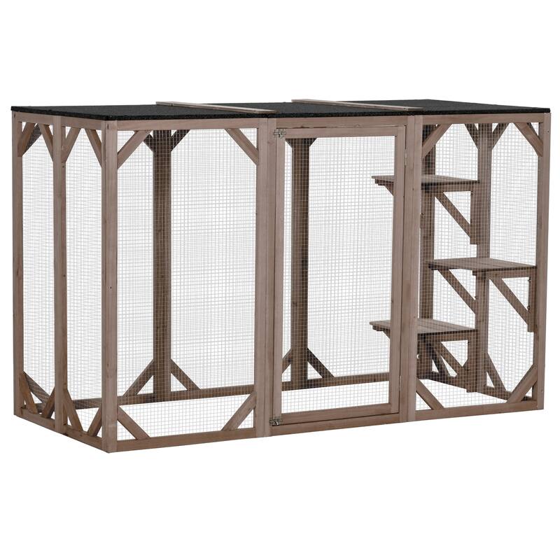 PawHut Outdoor Cat House, Catio Wooden Feral Cat Shelter, Large Enter Door, Weather Protection Asphalt Roof - Brown - Brown