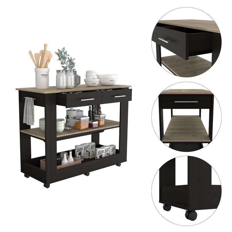 2-Shelf Kitchen Island,Storage Island with 2 Drawers - Black