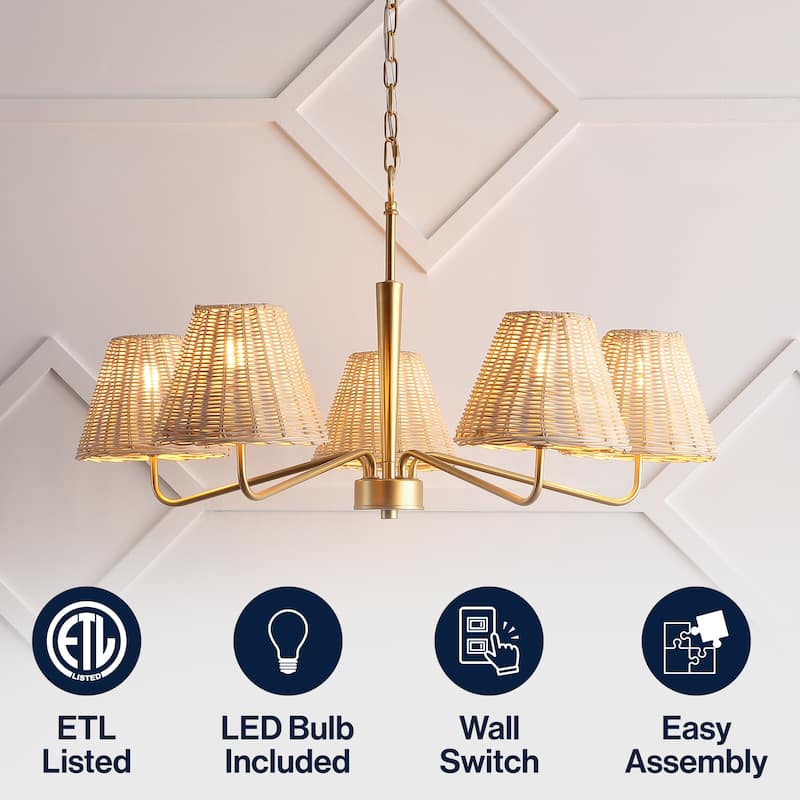 Libby 30" 5-Light Modern Woven Rattan/Iron LED Chandelier - 5 Light