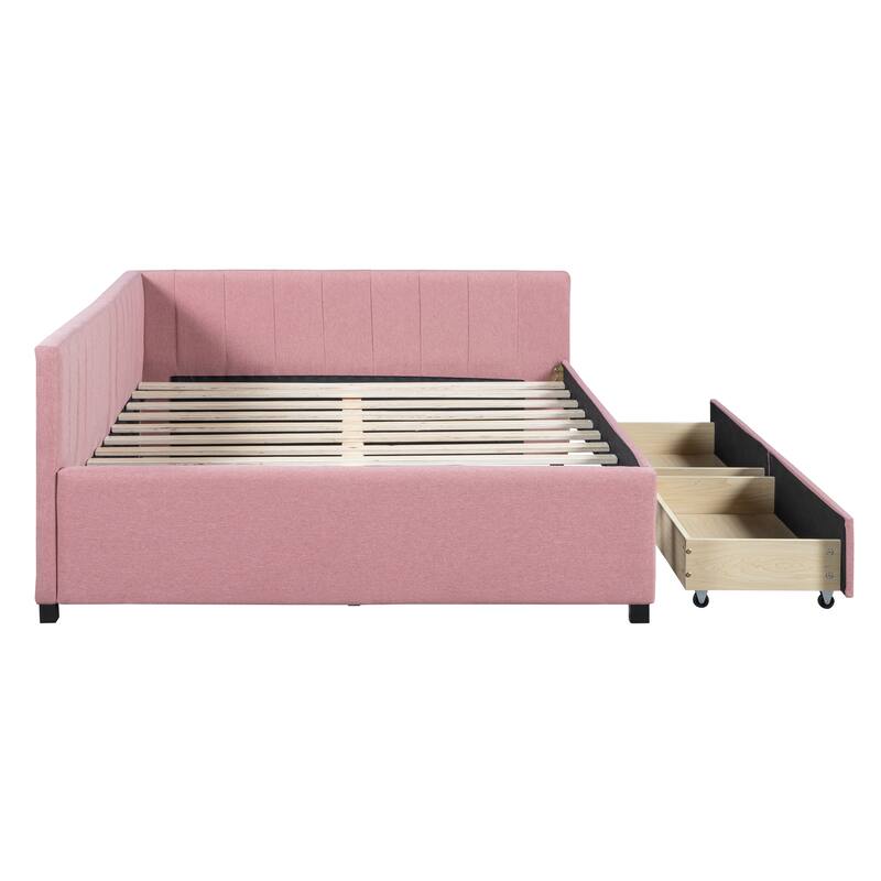 L-Shaped Backrest Daybed Upholstered Daybed Frame Classic Wood Slats Design with 2 Storage Drawers or Trundle, Full Size