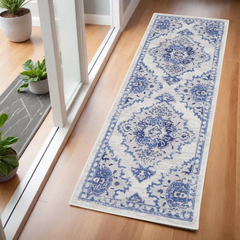 Cacus Power Loomed Abstract Floral Stain Resistant Area Rug By HomeRoots - 72' X '24' X '0.39 - 72' X '24' X '0.39 - Oxford Blue - Runner