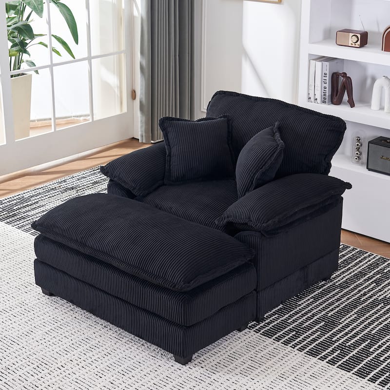 56.3 Inch Corduroy Single Deep Seat Sofa Chair With 2 Toss Pillows and a Ottoman