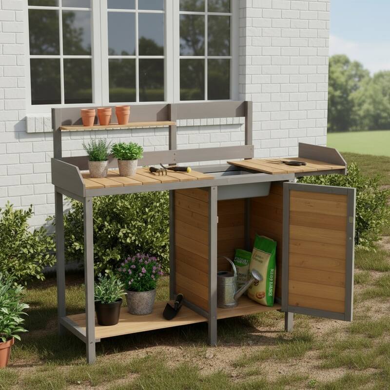 GDF Studio - Outdoor Solid Wood Potting Bench with Sink and Storage Garden Workstation