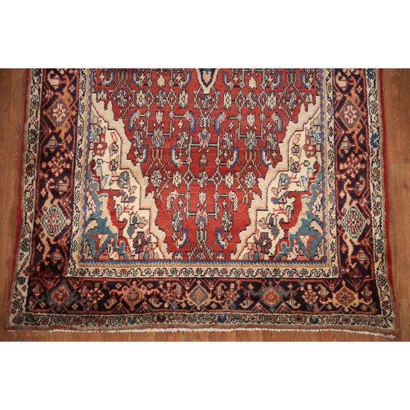 Hand Knotted Oriental 100% Wool Carpet Traditional Medallion Red Malayer Runner Rug - 10' 7'' X 3' 11''