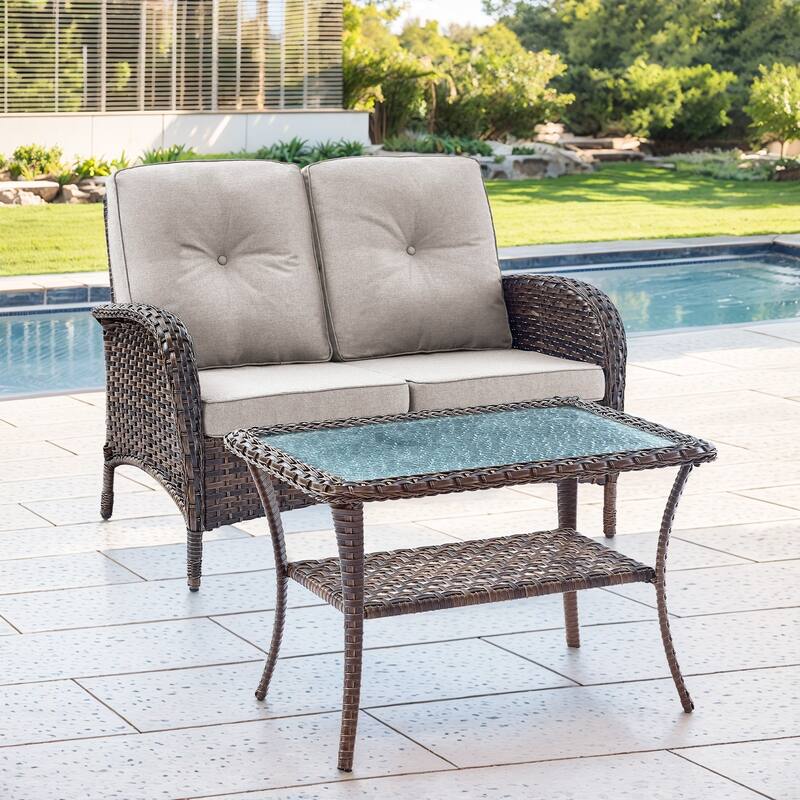 Gymojoy Outdoor Wicker Loveseat with Coffee Table and Outdoor Cushions - 2-Piece - Brown Wicker / Beige Cushion