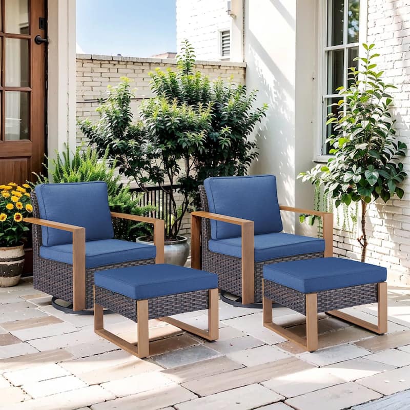 Pocassy 4 Pieces Outoor Patio Swivel Chair Ottoman Set - Blue cushion - Brown Wicker