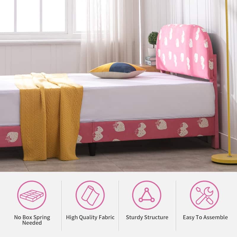 Kids Bed Frame with Headboard, Upholstered Platform Bed with Slatted Bed Base