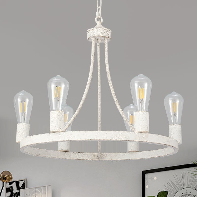 6-Light Farmhouse Metal Round Wagon Wheel Chandelier for Dining Room Living Room Bedroom Kitchen - 19.68'' D x 16.14'' H