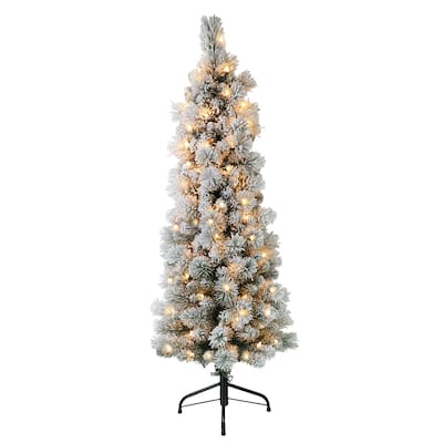 Puleo International 4.5' Pre-Lit Flocked Portland Pine Pencil Artificial Christmas Tree