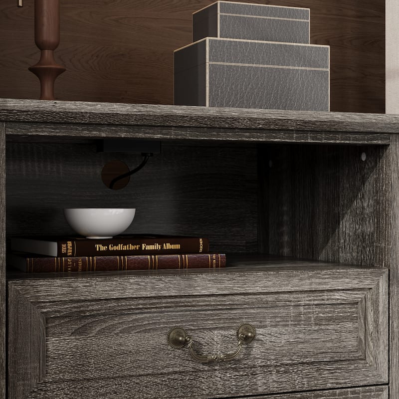 Farmhouse Nightstand with 2 Drawers, Open Shelf & Power Port, Rustic Bedside Table, Antique Brass Handles, White/Grey