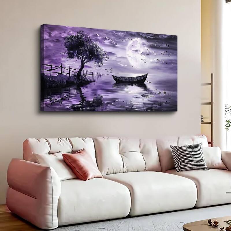 Modern Purple Lake View Wall Pictures Artwork - 20 x 40