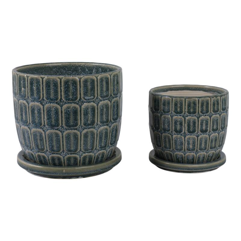 Stoneware Saucer Planters with Embossed Geometric Texture (Set of 2)