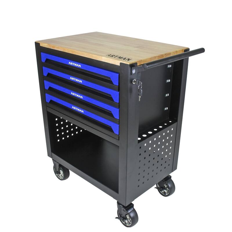 4 Drawers Multifunctional Tool Cart with Wheels and Wooden Top Multiple Uses - Home office or garage - Blue