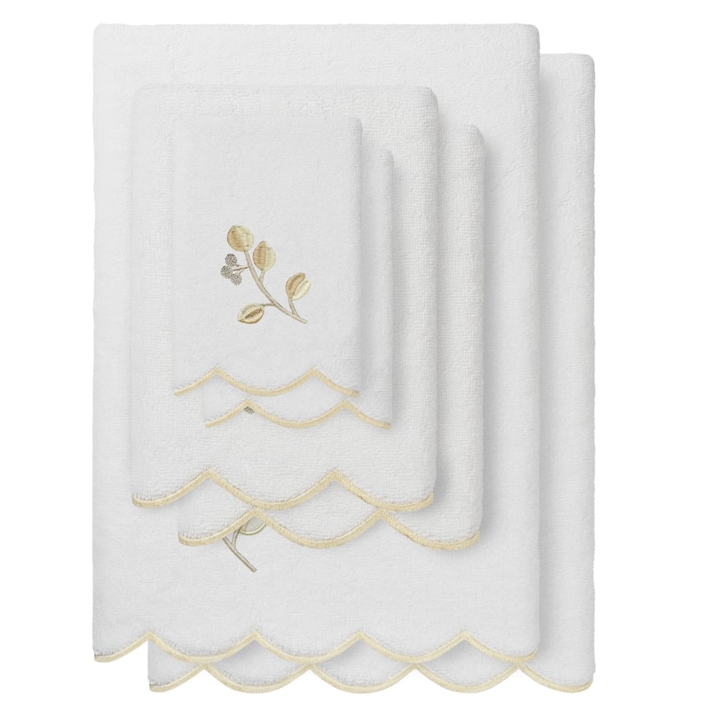 Authentic Hotel and Spa 100% Turkish Cotton WILD BRANCH Scallop Embellished Towel Collection - White/Beige - 6 Piece Set