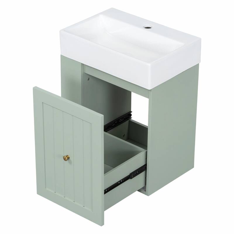 20-Inch Bathroom Vanity with Ceramic Sink - MDF Storage Cabinet with Drawer, Side Shelf and Silver Handle