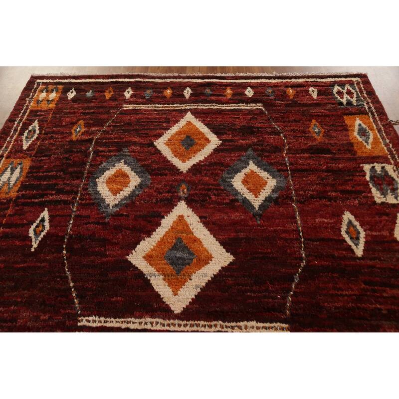 Hand Knotted Oriental 100% Wool Carpet Modern Tribal Red Moroccan Area Rug - 9' 7'' X 6' 10''