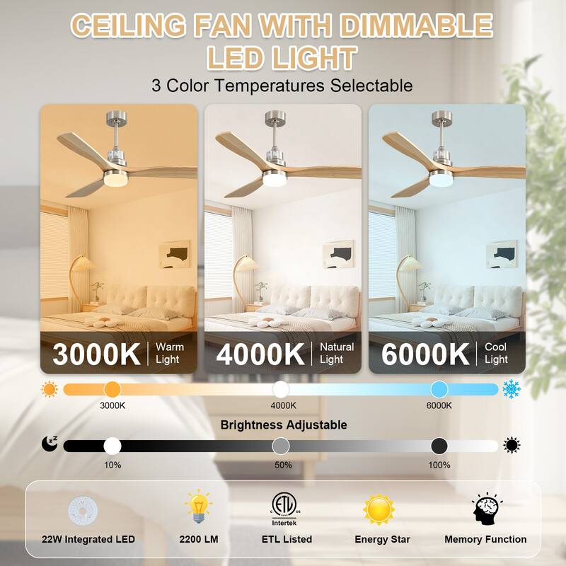 Sofucor 48/52 Inch Ceiling Fan with Light, Solid Wood Blades for Living Room, Bedroom,Smart Optional