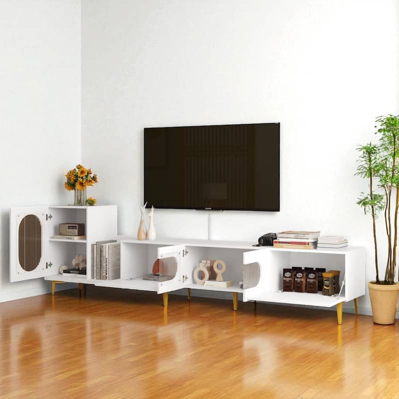 Modern Wood Extendable TV Stand, Rectangular Media Console with 4 Cabinets for TVs up to 89", Adjustable Design