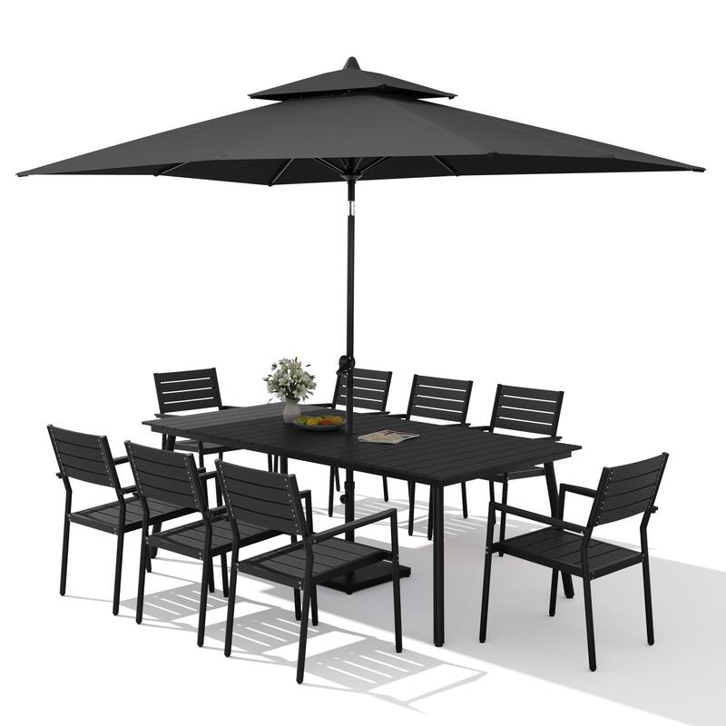 11PC Outdoor Patio Dining Set Aluminum Table with Stackable Armchairs w/ Market Umbrella Set