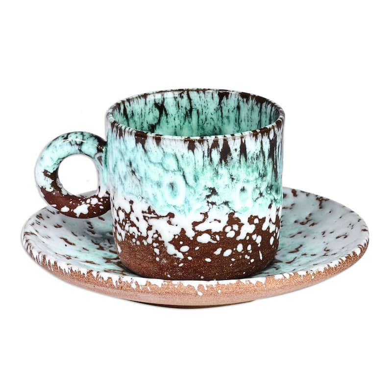 Novica Handmade Aqua Coffee Breeze Ceramic Cup And Saucer