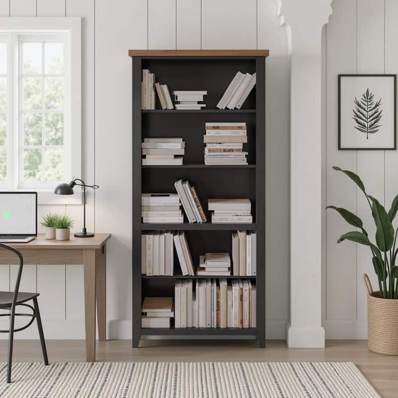 Bridgevine Home Modern Farmhouse 72 inch high 5-shelf Bookcase, No Assembly Required, Two-Tone Finish - Black and Whiskey