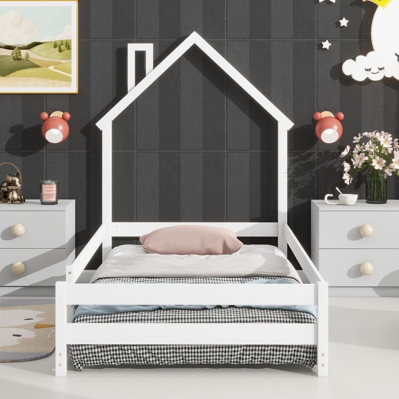 Twin Size Wood Bed Frame with House-shaped Headboard Floor bed with Fences