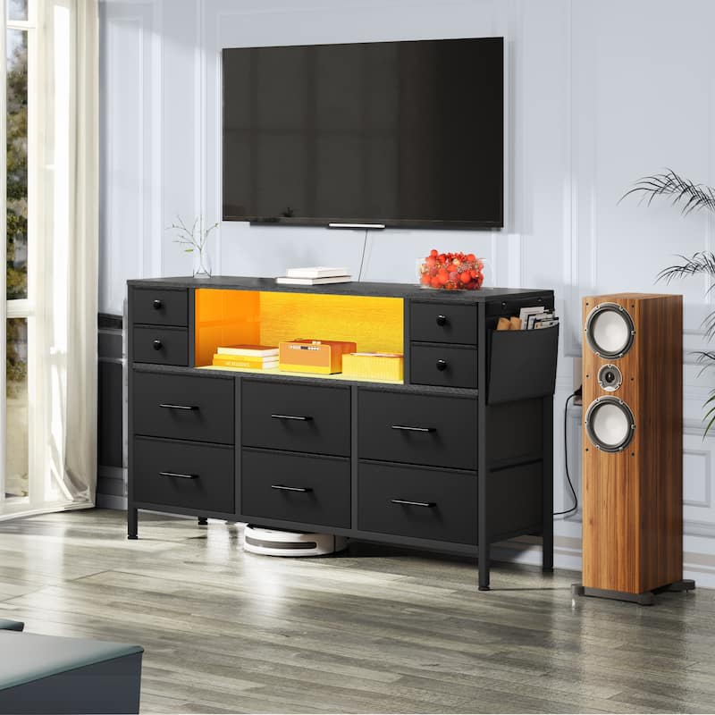 Moasis 10-drawer Dresser Media Console with Charging Station, RGB Lights, Side Pockets & Hooks - Black - 10-drawer