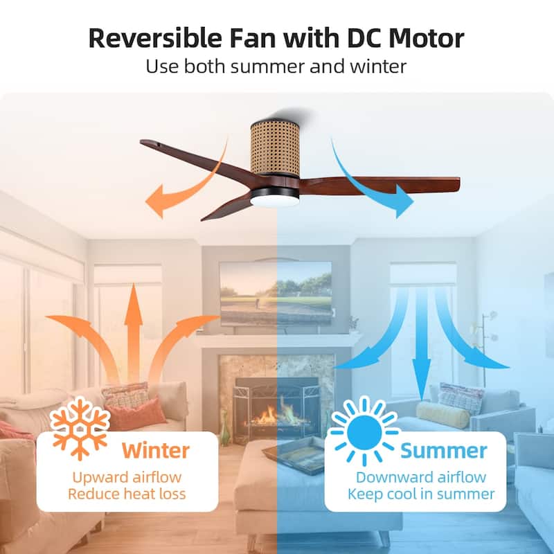 MLiAN 52 In. 3 Solid Wood Blades Flush Mount Ceiling Fan with Light Kit - 52"