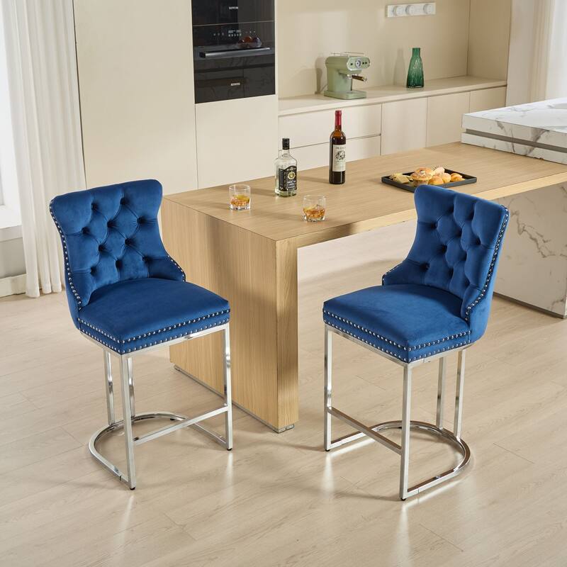 GDF Studio - Riveton Modern Velvet Upholstered Counter Height Bar Stools with Button Tufted Back & Rivet Trim (Set of 2)