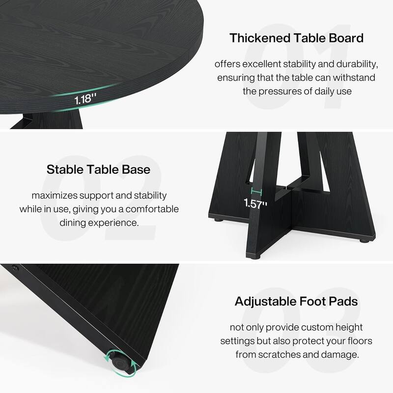 47" Round Farmhouse Dining Table - Black Wood Kitchen Table for 4