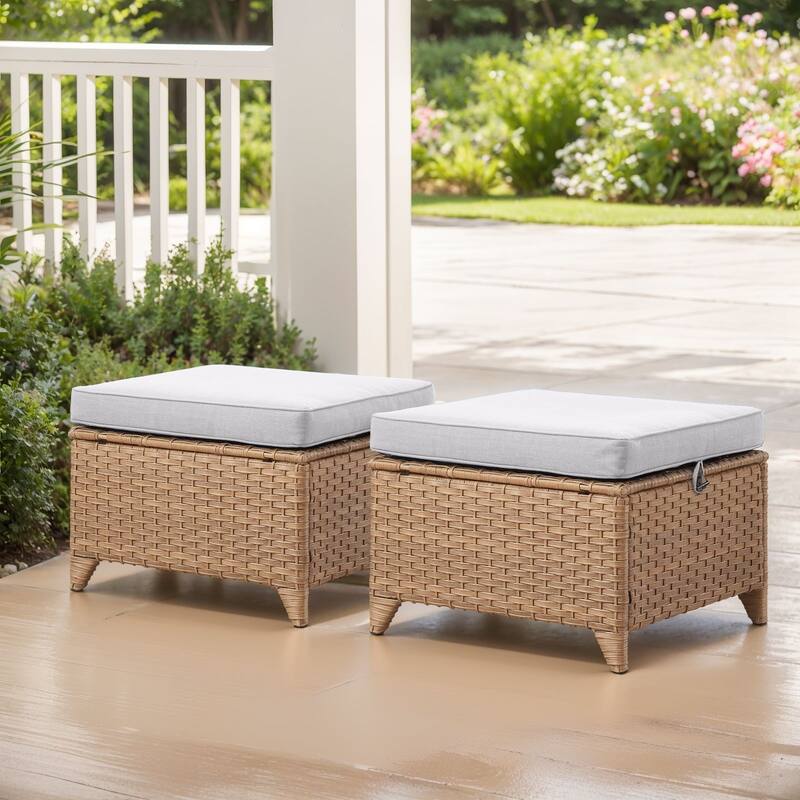 2 Wicker Ottomans Multipurpose Outdoor Footrest - Yellow - Beige