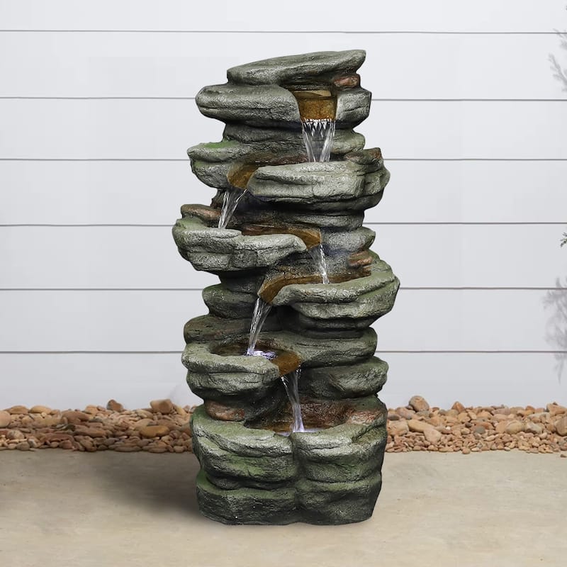 Rock Falls Outdoor Water Fountain w/LED Lights Water Feature for Patio - Polyresin - Floor/Lighted - Grey