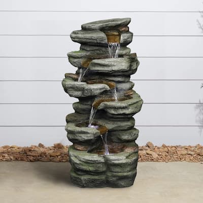 Rock Falls Outdoor Water Fountain w/LED Lights Water Feature for Patio