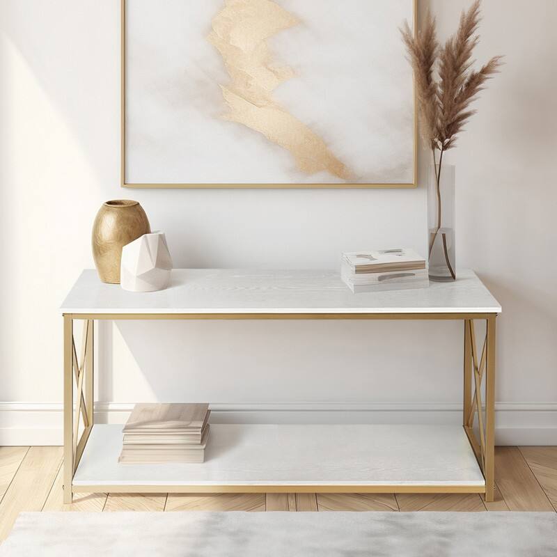 2-Tier Console Table, Gold Sofa Entry Table with Faux Marble Top