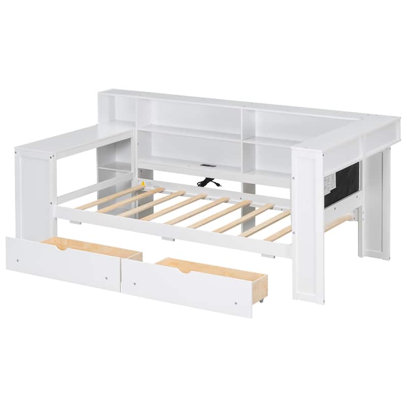 Wood Daybed Platform Bed Multifunctional Bed Frame with Charging Station and LED Light, Upholstered Headboard, Storage Shelves