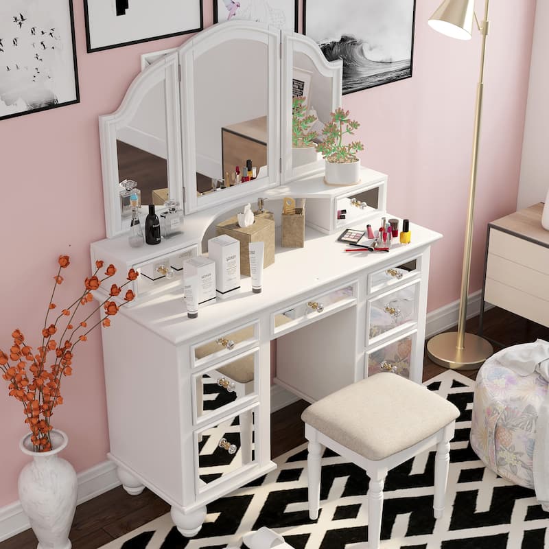 Furniture of America Nena Glam Wood 3-Piece Makeup Vanity Set with Tri-fold Mirror