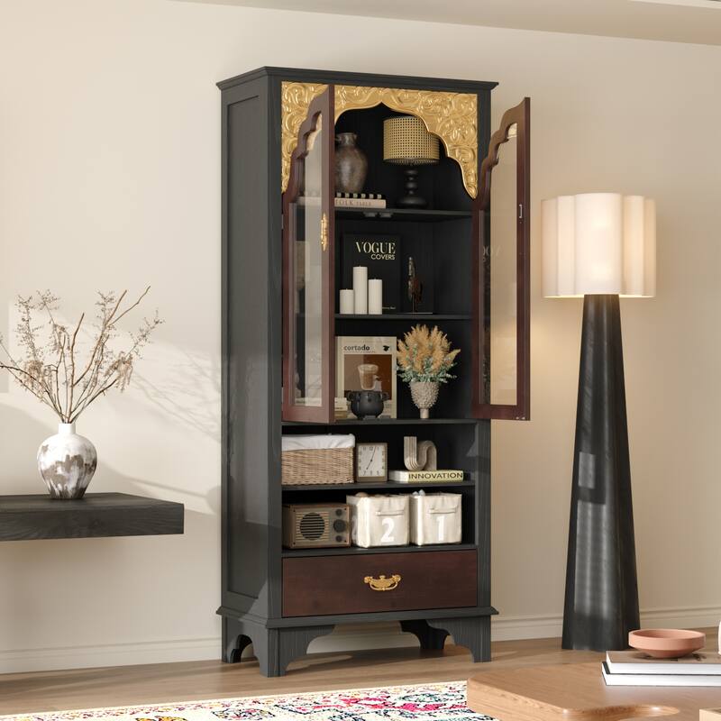 Asian Style Display Cabinet with Glass Doors Accent Curio Cabinet with Drawer Solid Wood and Tempered Glass Storage Shelf
