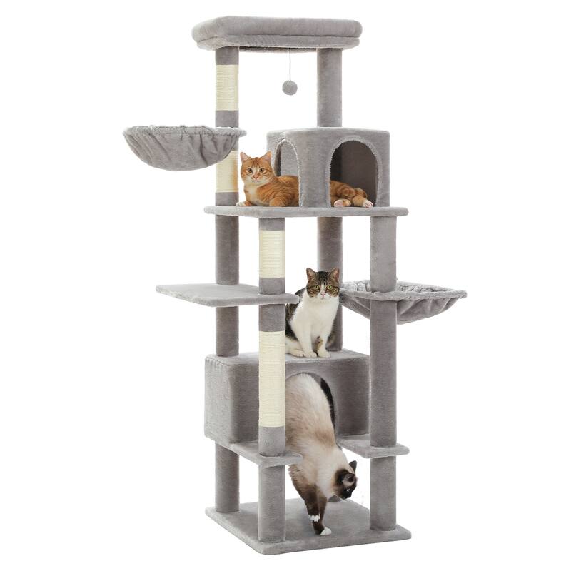 66" Cat Tree, Cat Tower with Sisal-Covered Scratching Post, Super Large Metal Hammock and 2 Big Condos - Grey
