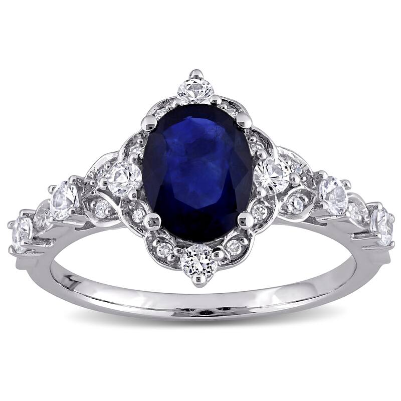 Miadora 10k White Gold Blue and White Sapphire with Diamond Accent Vintage Halo Engagement Ring