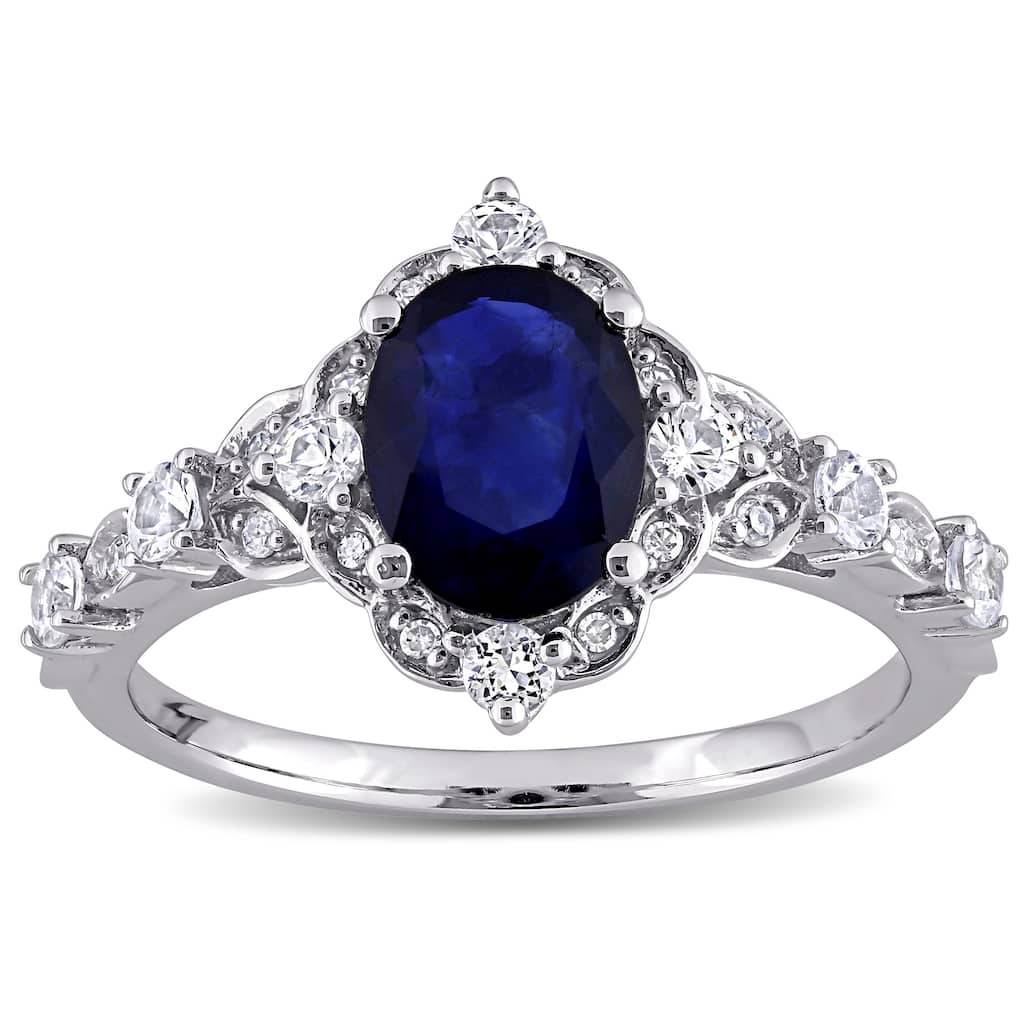 Miadora 10k White Gold Blue and White Sapphire with Diamond Accent Vintage Halo Engagement Ring