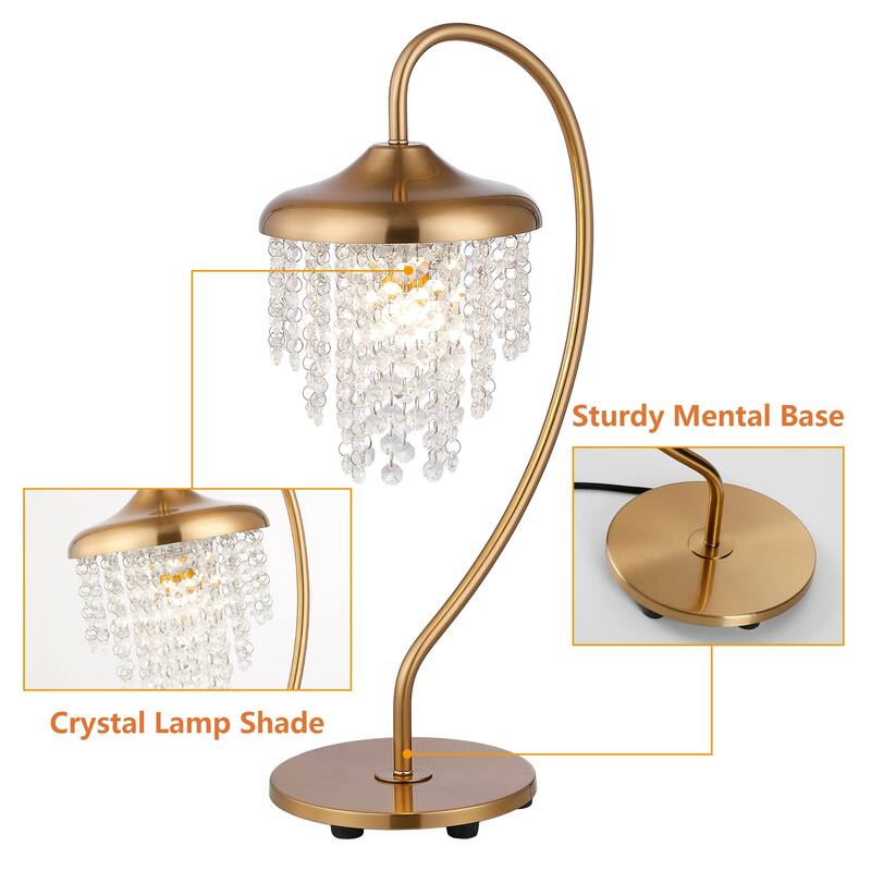 21" Modern Gold Crystal Arched Table Lamp with Dimmable Switch