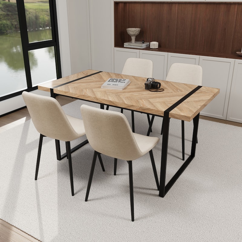 Modern 5-Piece Dining Set with Light Wood Rectangular Metal Base Table & 4 Square Corner Suede Chairs