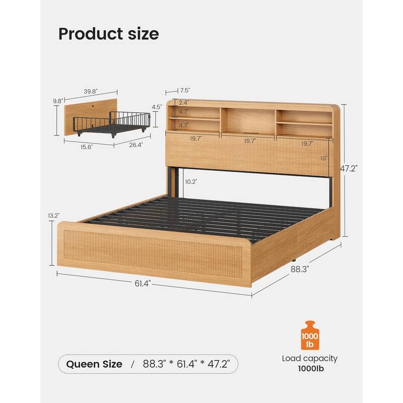 Bed Frame with 4 Storage Drawers and Hidden Storage Headboard Charging Station